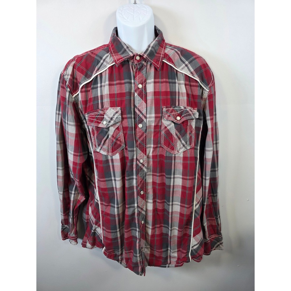 BKE Mens Red Plaid Western Snap Button Down Shirt Thick Contrast Stitching XL